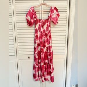Pink Floral Puff-Sleeve Maxi Dress with Smocked Bodice